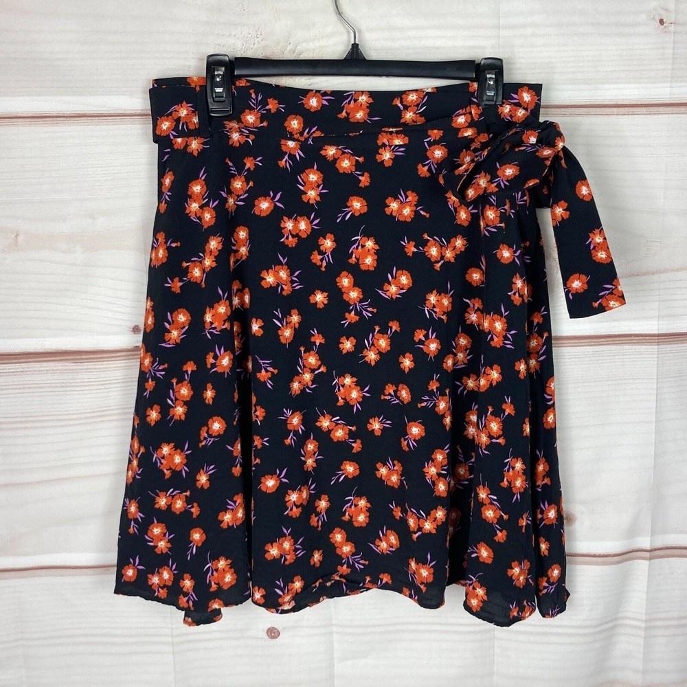 Ann Taylor Skirt Womens 10 Black Orange Floral A-Line Belted Lined Pockets Woven